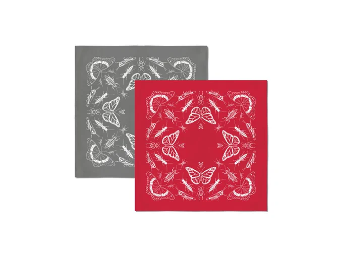 Mockups of two bandanas featuring line drawings of insects and spiders. One is charcoal grey with white insects and the other is bright red with white insects.