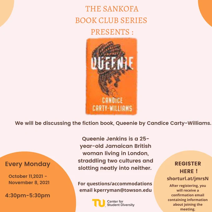Pink and orange polka dot background. At the center is a picture of the book titled "Queenie" featuring a woman's braided hair
