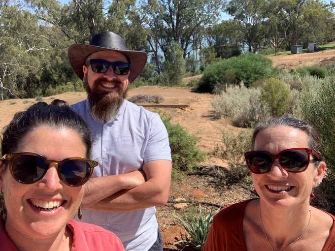 Rural and Remote Leadership Development program participants Ang McInerney and Richard Ellis with mentor Sarah Jones at Gol Gol in far western NSW.