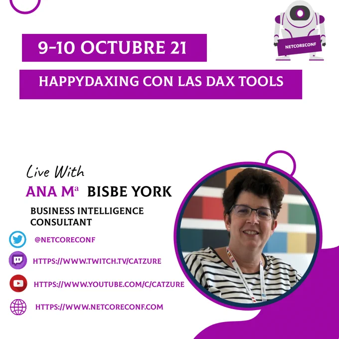 Imagen de publicidad del evento NetcoreConf Virtual 2021 Informa de la sesión HappyDXing con las DAX Tools, muestra mi foto, nombre y las redes sociales de la netcoreconf.