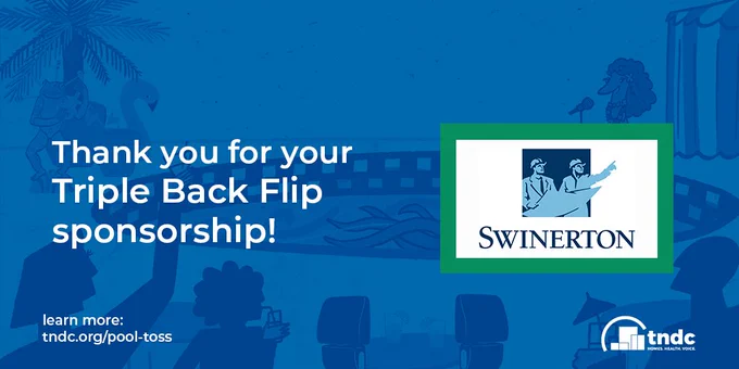 A blue background with the "Swinerton" logo. Above in white text reads "Thank you for your Triple Back Flip sponsorship"
