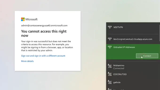 A screenshot showing the sign-in error message "you cannot access this right now", while a user changes their Wi-Fi network.