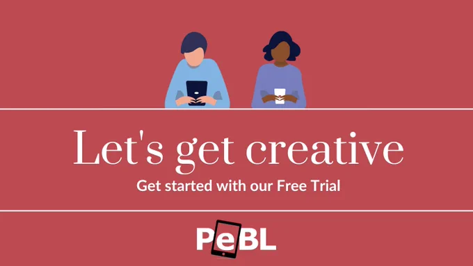 Two people holding tablets with their elbows resting on the text "Let's get creative. Get started with our Free Trial" 