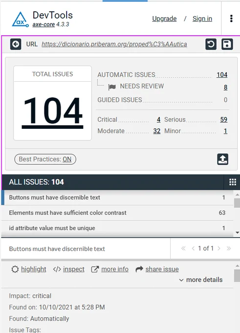 Devtools aberto com a extensão axeDevtools mostrando 104 falhas de acessibilidade em um site separando-as em críticas, sérias, moderadas e minoritárias. Abaixo uma tabela com todas as falas que ao clicar mostram em detalhe como atuar nelas.