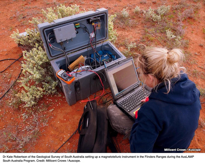 a woman works at a laptop attached to a magnetotelluric instrument made of wires and sensors in a large grey box outdoors on red soil