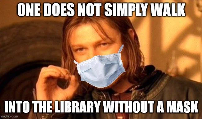 Sean Bean in "Lord of the Rings" with a mask added over the lower half of his face. Caption reads, "One does not simply walk into the library without a mask."