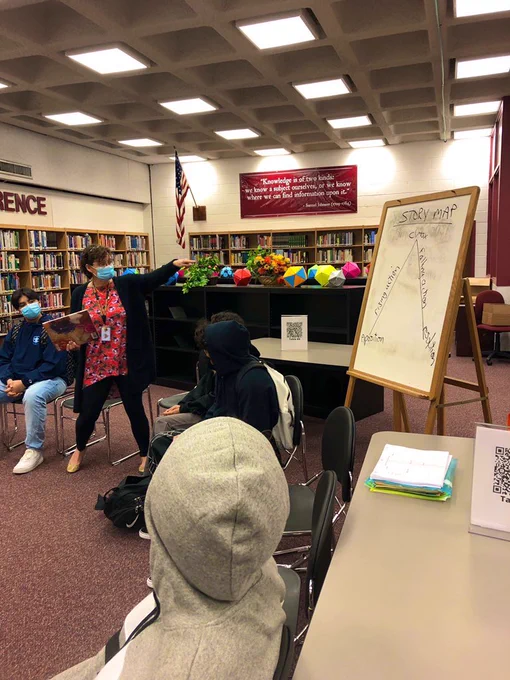 Librarian Mrs. Barbuzza is showing students a Story Map that includes Exposition, Rising Action, Climax, Falling Action, and Resolution.