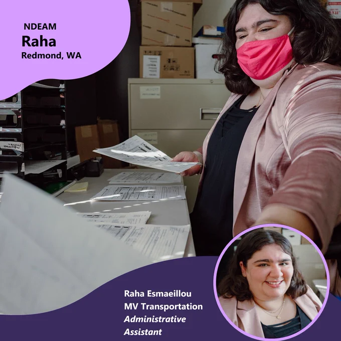 Two photos of Raha Esmaeillou in her workplace at MV Transportation. The first photo is Raha with short black hair, wearing a pink face covering, light pink blazer and dark top, sitting at a table, filing papers. Filing cabinet and office materials in the background. The second photo is Rahas smiling wearing a black shirt and pink blazer. 