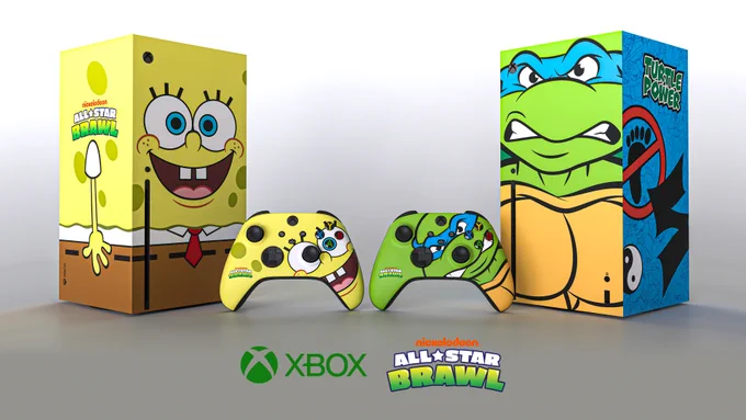 Two custom Xbox Series X console and controllers modeled after Spongebob Squarepants and Teenage Mutant Ninja Turtles respectively. 