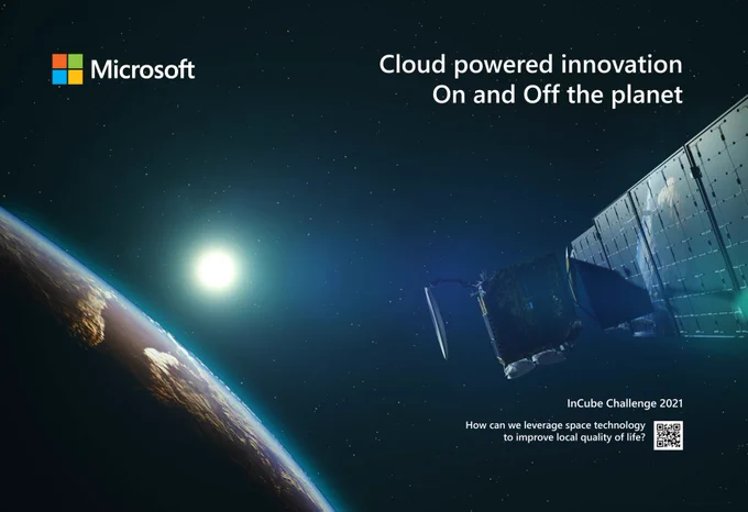 Picture from space with text "Cloud powered innovation On and Off the planet"