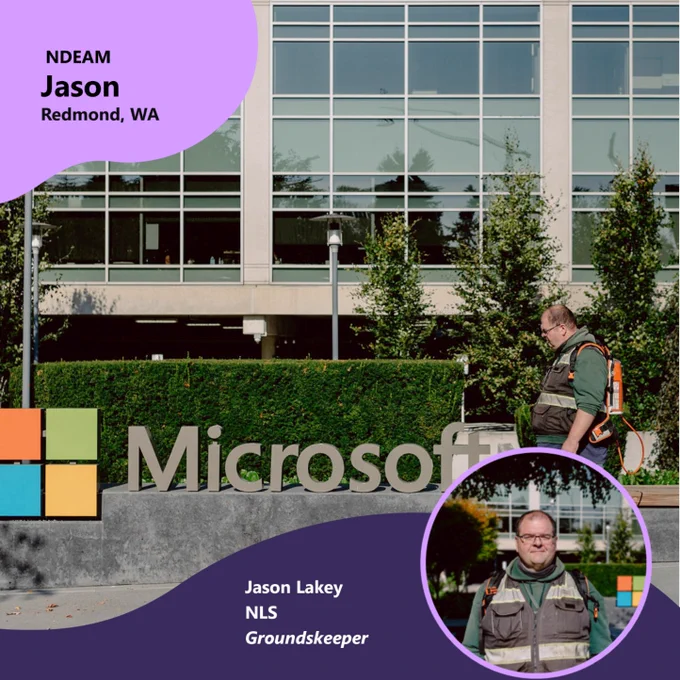 Two photos of Jason Lakey working. The first photo he is walking in front of a Microsoft building wearing a safety vest, and operating a leaf blower. The second photo he is posed in front of the building, wearing glasses and a safety vest with the Microsoft logo in the background.