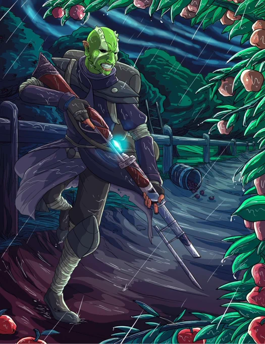 Interloper Occam is running tactically through an apple orchard, arcane musket at the ready. With gritted teeth, the loading crystal on the weapon hums to life, and they prepare to fire.