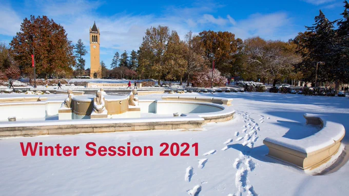 Snowy view of the campanile, text reads Winter Session 2021