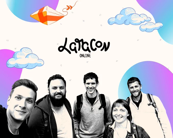 A black and white photo of the Rareloop dev team: Adam, Tom, Penny, Dan and Ollie. On an illustrated background, with the Laracon logo, kite, clouds and purple and blue abstract shapes.