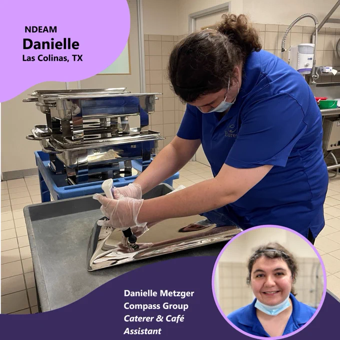Two photos of Danielle Metzger working in a kitchen at her location in Las Colinas. In the first photo, she is wearing a blue shirt, face covering, and protective gloves, using silver polisher, cleaning catering supplies. There are more catering materials in the background. The second photo features Danielle smiling wearing a thin headband, and her face covering is resting under her chin. 