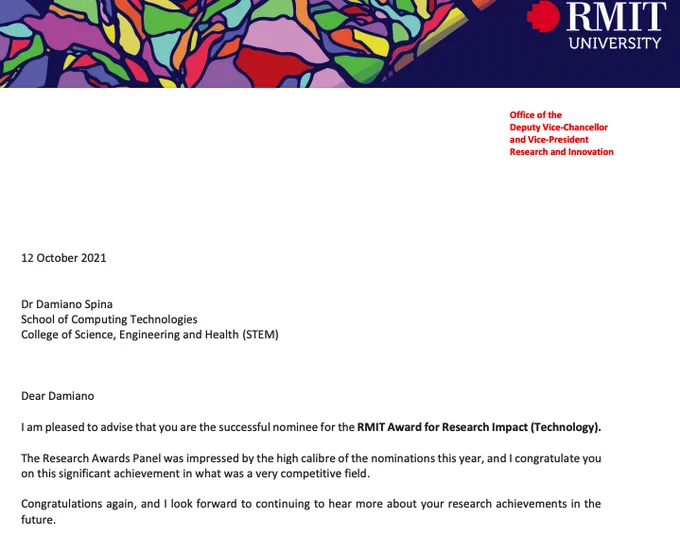 @damiano10 is the successful nominee for the 2021 RMIT Award for Research Impact (Technology).
