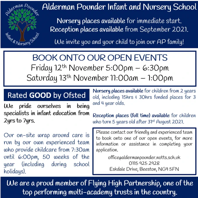 Book onto our open events on Friday 12th November 5:00pm - 6:30pm or Saturday 13th November 11:00am - 1:00pm. Contact our friendly and experienced team on 0115 925 2928.