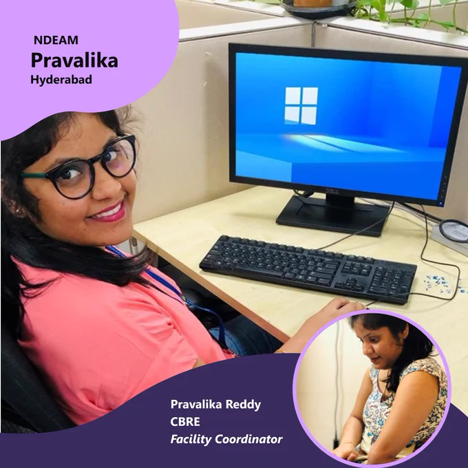 Two photos of Pravalika Reddy. The first is Pravalika wearing a pink shirt, and dark rimmed glasses sitting at a desk with a computer in front of her featuring the Microsoft logo on a blue background. The second photo is of her working on a laptop, wearing a patterned shirt. 