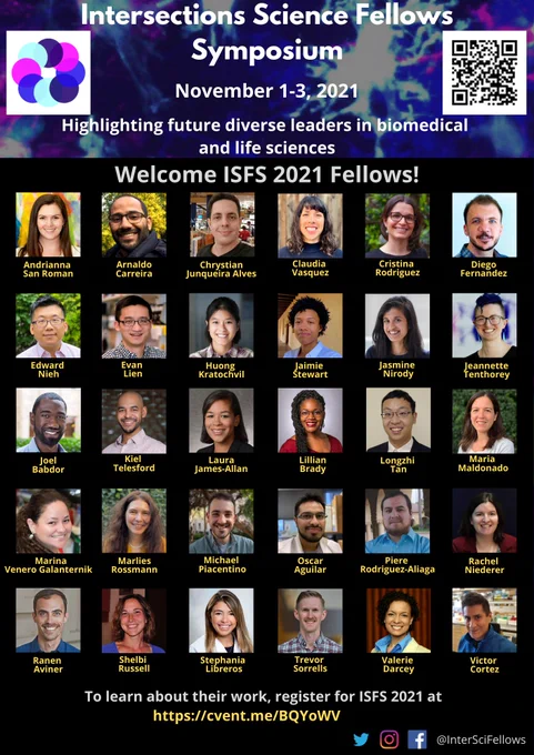 This is a flyer highlighting 30 ISFS 2021 Fellows. The Intersections Science Fellows Symposium will be held from November 1-3, 2021. To hear about terrific science of our fellows register at https://cvent.me/BQYoWV or visit our website https://www.intersectionssciencefellows.com.