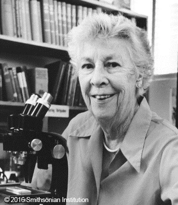 Frances Parker sitting in front of a microscope