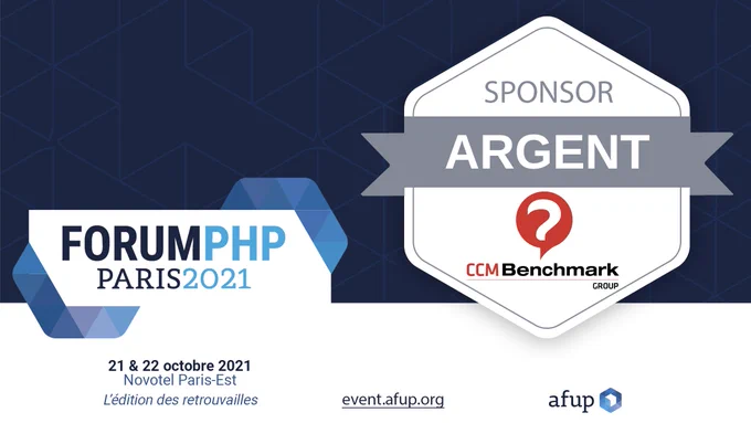 Carte annonçant le sponsoring Argent de CCM Benchmark Group lors du Forum PHP 2021