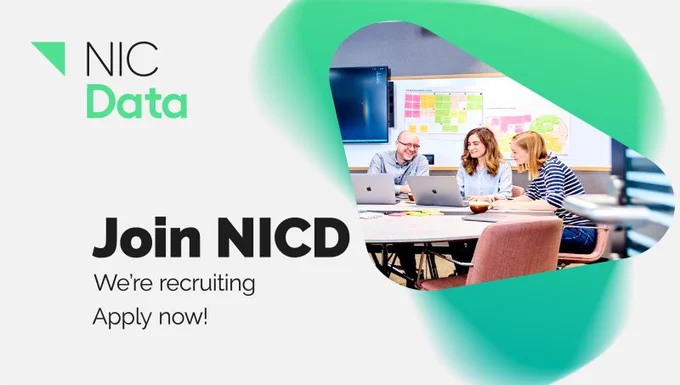 Text: Join NICD. We're recruiting. Apply now! Image: Three people working together on computers