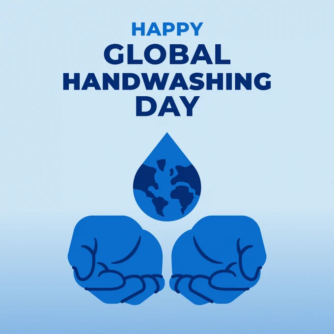 Happy Global Handwashing Day with two hands receiving a drop of water that looks like a globe.