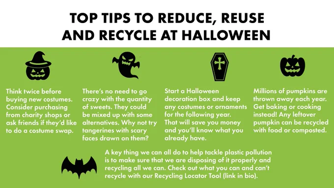 [Image description: The image shows "Top tips to reduce, reuse and recycle at Halloween" written in black font on a white header. Underneath are various tips such as reusing costumes, and finding recipes to use up pumpkins, they all have a spooky image above them, such as a jack o' lantern, ghost, coffin. or bat]