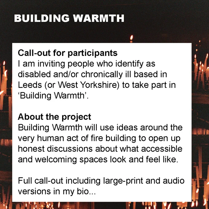 Grainy image of a lot of burning candles with white text ‘BUILDING WARMTH’ in top left corner. Image overlaid with white text box filled with call-out information.