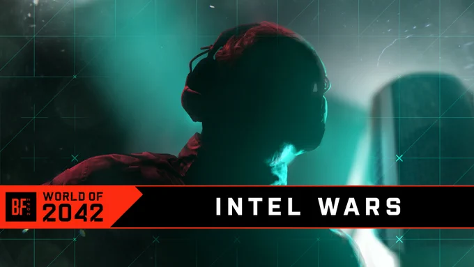 Intel wars, the world of 2042 graphic with a soldier outline.