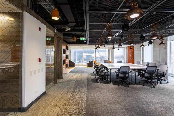 Open workspace at Microsoft Bogota, Colombia showing open workspace area for collaboration as well as lockers for employees. 