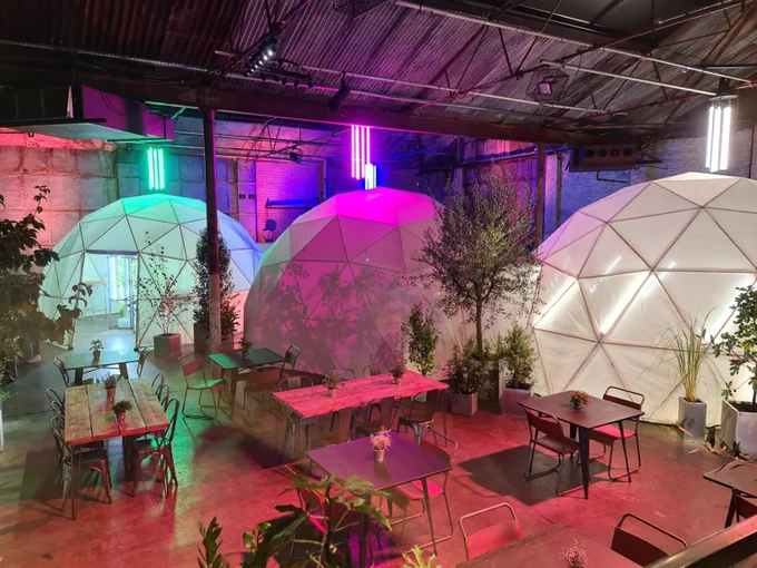 The three geodesic domes at Project Plant that are growing basil and rocket, toamtoes and mushrooms.