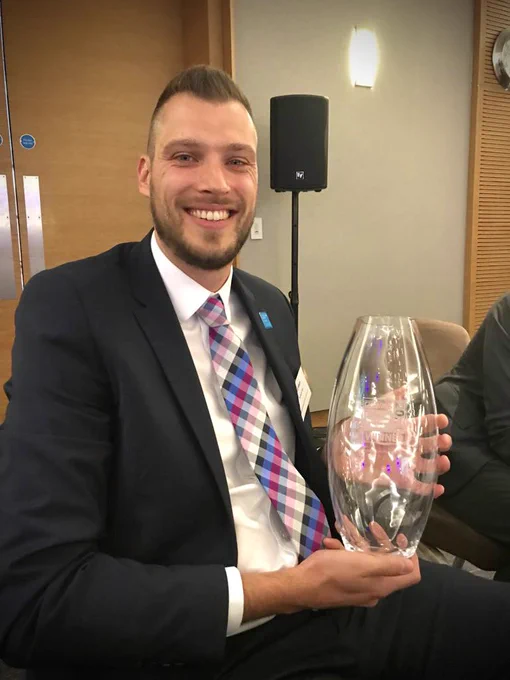 Ed Akers, Network Rail’s Principal Programme Sponsor for the East Coast Upgrade with the glass trophy for the Major Project Award at the Railway Innovation Awards.