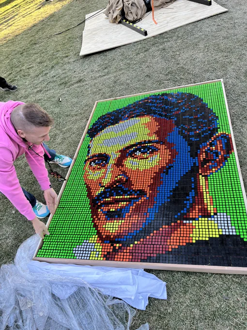 Tesla portrait made out of rubix cubes.