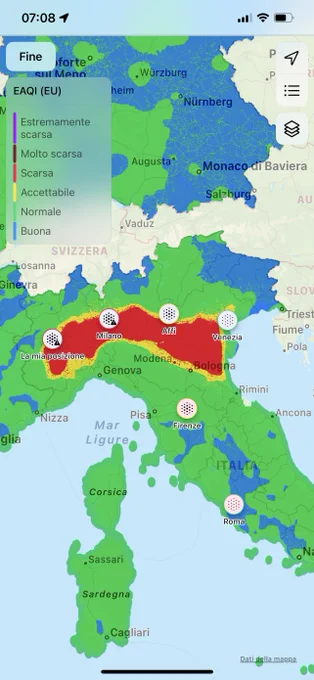 Qualità dell'aria in Pianura Padana. Situazione del 16 ottobre 2021 alle ore 7:08.