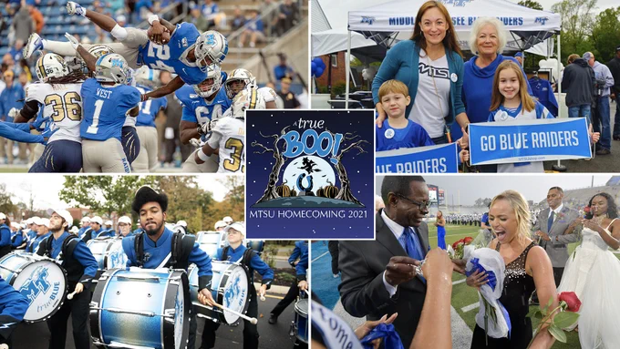 images from MTSU's 2019 homecoming day, the last in-person celebration before the pandemic canceled most of the 2020 events, include, clockwise from upper left, Blue Raider wide receiver Zack Dobson sailing over the traffic jam on Jones Field during MTSU's 2019 homecoming win 50-17 over FIU. At upper right, MTSU supporters hold their "Go Blue Raiders" banners high at the MTSU Alumni Association’s “Mixer on Middle” parade-watching party on Middle Tennessee Boulevard during the 2019 homecoming parade, while at lower right, MTSU senior MaKayla Stubblefield of McMinnville, Tenn., shouts with delight and dismay while being drenched with rain as MTSU President Sidney A. McPhee prepares to crown her queen during halftime of the university's 2019 homecoming game. And at lower left, MTSU's Band of Blue marches north from East Main Street down Middle Tennessee Boulevard during the 2019 homecoming parade. (MTSU file photos by J. Intintoli, Cat Curtis Murphy and Andy Heidt)