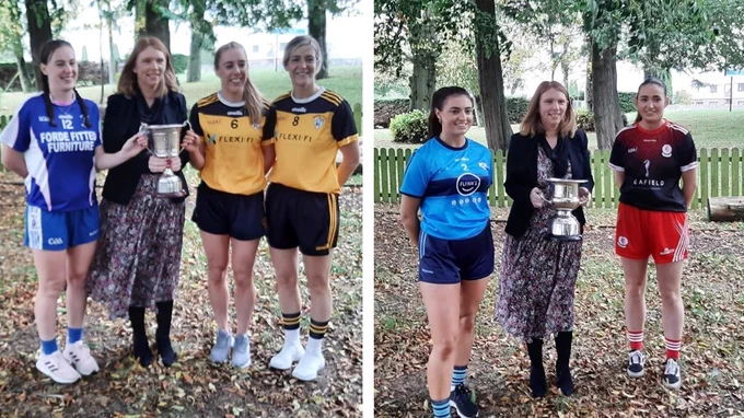 Our General Manager Catriona O'Reilly is holding the County Championship Cup below, pictured with (from left to right) representatives of the Senior Finalists Teams - Niamh Forde, Old Leighlin, and Deirdre Tomlinson & Nuala Mohan from Bennekerry - and representatives of the Intermediate Finalists Teams - Laura Murphy from St Anne's & Éire Óg captain Sarah Furey.

