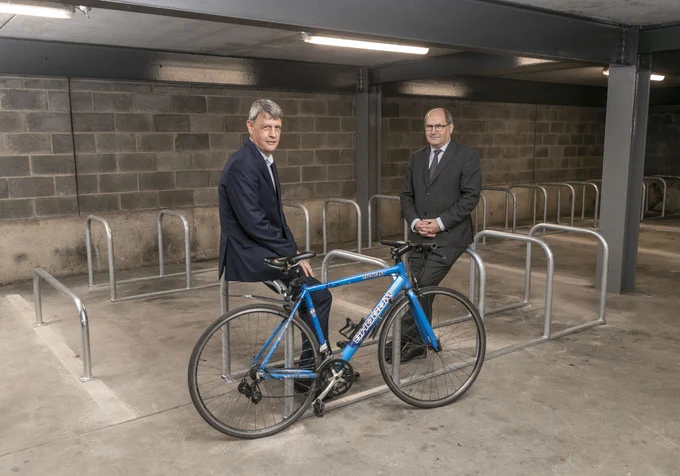 Neil Cunningham, MD APCOA Parking Ireland ltd with Brendan O’Brien, head of Technical Services (traffic) DCC at the new bike parking facilities 

