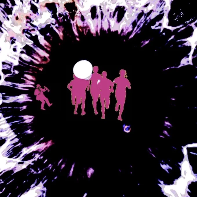 Centre of image is a small group of people fleeing something unknown. Left of the group is a drunk person holding a bottle of beer who is about to fall over. The whole image is framed by a strange looking iris.