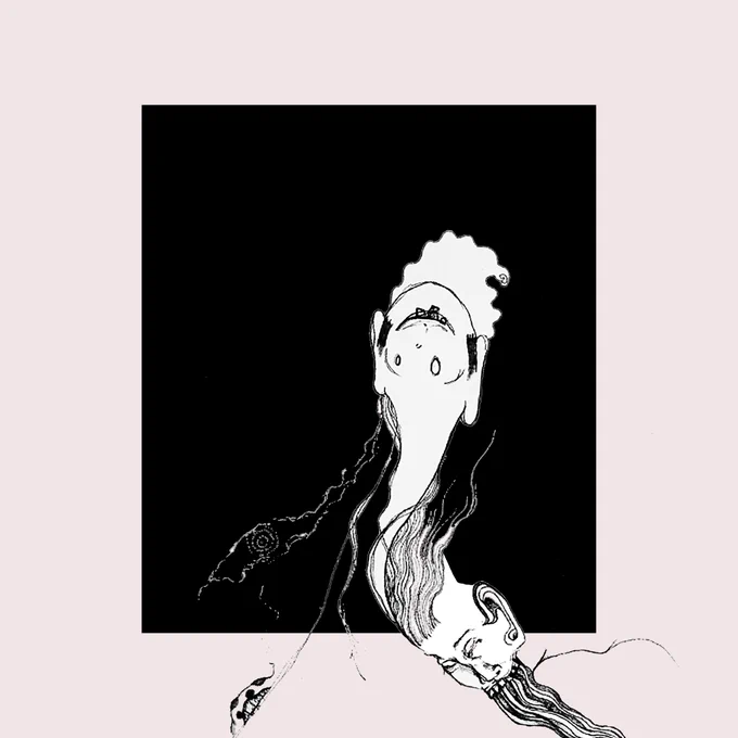 A surreal illustration of an uncanny smiling spirit rising out of the scalp of sleeping human vomiting hair. 