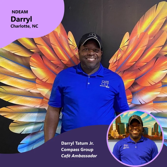 Two photos of Darryl Tatum Jr. The first features Darryl wearing a dark hat, blue shirt with the words Cafe CLT and a fork underneath in the corner, standing in front of a mural of multi-colored wings. The second features Darryl in the same outfit, posing in front of another painted mural.