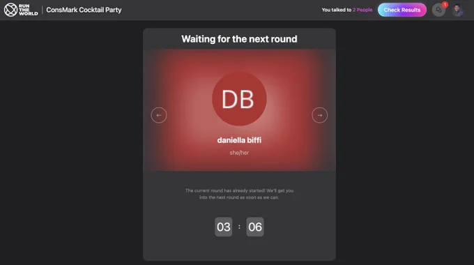 ConsMark Cocktail Party interface. You're assigned a 5 minute session with a random attendee.