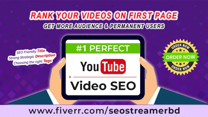 I will best #youtubeSEO for #videoranking according to the #YTalgorithm.

My Service:
I do 100% #whitehat YT SE0
SEO Friendly Video Title
YouTube User Readable Description
Choosing Ranked Tags
Banner links
End screen and Cards setup
And Much More!
https://www.fiverr.com/share/LBp8qp