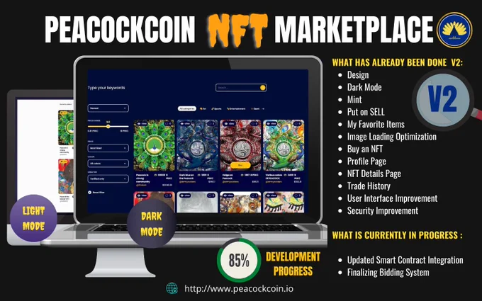 🔊DEVELOPMENT UPDATE🚀

Peacockcoin Marketplace V2 Have 85% Development Progress
We Will Launch After PEACOCKCOIN SWAP Launch

✅Marketplace V2
✅Development UPDATE

#Marketplace#NFT#PEKC#BEP20#ERC20#PEACOCKCOIN#PEKC2.0

⚙️Telegram :https://t.me/peacockcoin
⚙️Migration : https://peacockcoin.io
