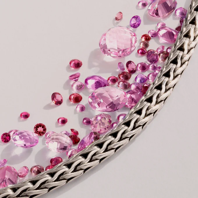 pink gemstones and handcrafted Classic Chain from John Hardy shared as a part of the breast cancer collection in honor of Breast Cancer Awareness Month. Shop for a cause, help make crucial research happen at the Breast Cancer Research Foundation.