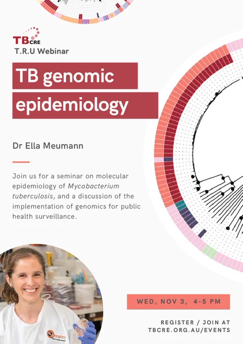 Flyer for upcoming TB genomic epidemiology webinar [Wed Nov 3, 4-5pm AEST]