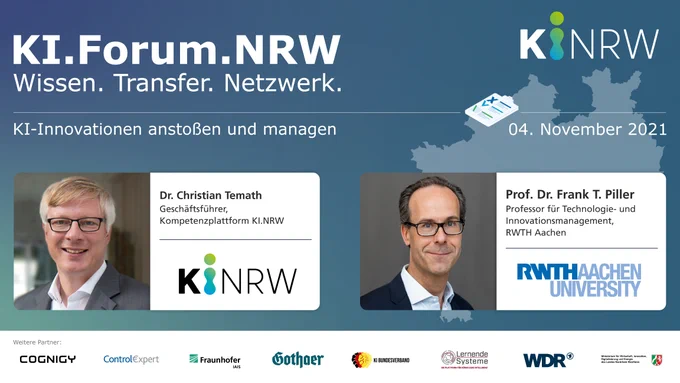 KI-Innovationen anstoßen und managen! Darüber spricht #KINRW-Geschäftsführer Dr. @ChristianTemath mit d. Experten für Technologie- & Innovationsmanagement Prof. Dr. Frank T. Piller @RWTH @LernendeSysteme beim #KIForumNRW am 4. November.