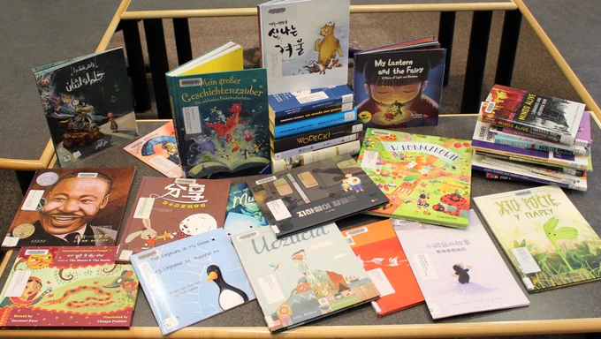 Children's books in various languages are displayed on a table