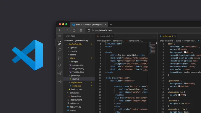 VS Code icon next to a screenshot of the vscode.dev website showing JavaScript code in the browser