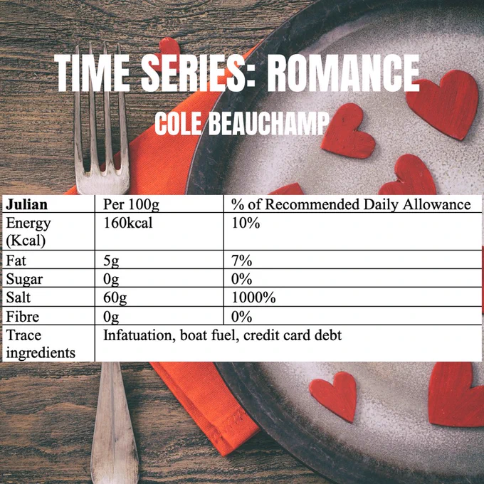 Dinner plate on wooden surface with red felt hearts being served on the plate. Next to the plate a red napkin and fork. In large font: TIME SERIES: ROMANCE COLE BEAUCHAMP
A white nutrition label with the following information: 
Julian - Energy (Kcal) Per 100g 160kcal; % of recommended daily allowance 10%; Fat Per 100g, 5g, % of recommended daily allowance 7%; Sugar per 100g, 0g, % of recommended daily allowance 0%; Salt per 100g, 60g, % of recommended daily allowance 1000%; Fibre per 100g, 0g, % of recommended daily allowance 0%; Trace Ingredients: Infatuation, boat fuel, credit card debt